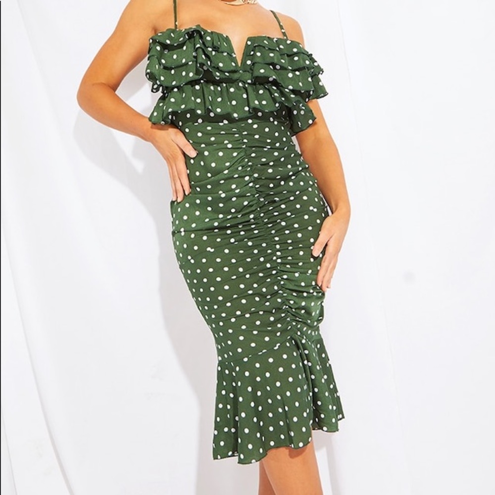 Emerald Green Polka Dot Ruffled Detail Midi Dress